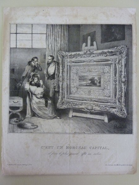 An etching depicting several figures, likely art collectors or critics, around a large ornately framed landscape painting on an easel in a studio. One man with a monocle and facial hair closely examines the painting, while a woman and another man observe. A palette is visible in the foreground, suggesting an artistic setting.
