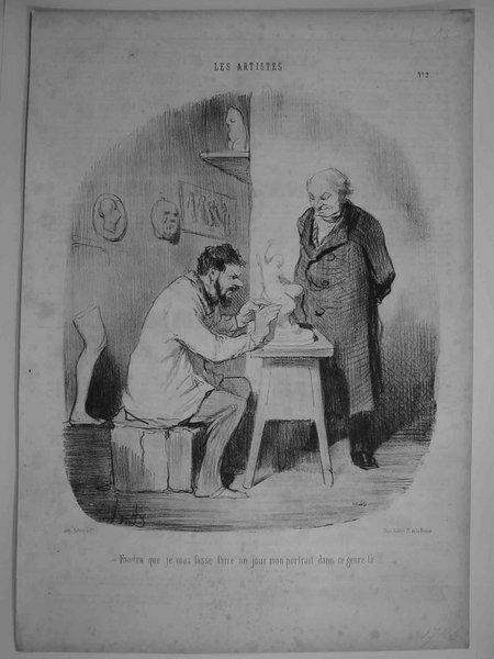 Two men in a sculptor's studio, one sculpting a statue and the other, dressed in a bourgeois outfit representative of the July Monarchy, observing. The studio features several statues and busts.