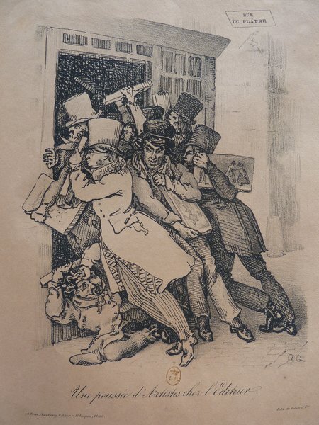 A lithograph showing a dynamic scene of several individuals in bourgeois outfits and top hats, possibly printmakers, gathered in a bustling group near a storefront, possibly signifying a moment of restoration in an artistic context. Some are wearing hats and a dog is also visible in the scene. The setting appears to be historical, and the name "Rue du Plâtre" is indicated on a street sign.