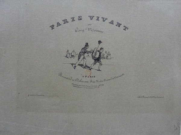 A lithograph titled "Paris Vivant" by François L'Homme, depicting various figures, including a printmaker and women in a street setting during the July Monarchy era. The image includes a focal illustration of printmakers working on lithographic stones.