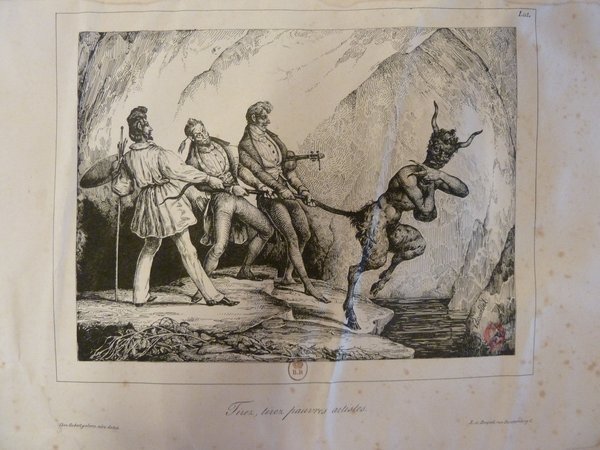 Historical print showing three figures outdoors, interpreted as artists or writers with features such as smocks, palettes, artists' brushes, and a mahlstick. One figure interacts playfully with a devil-like character pulling its tail, set against a backdrop suggestive of the July Monarchy era. All figures are engaged in a dynamic, allegorical scene.