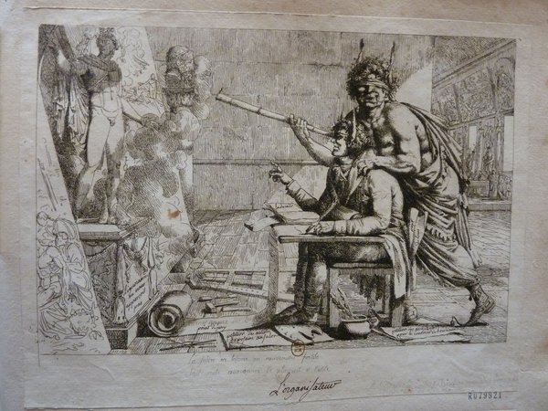 An etching depicting a classical allegory with figures resembling demons and a donkey, set in an environment filled with Greco-Roman antiques. One demon, wearing a crown, holds a telescope and directs the gaze of a seated figure writing at a desk. The scene includes ornate architectural details suggestive of a museum setting.