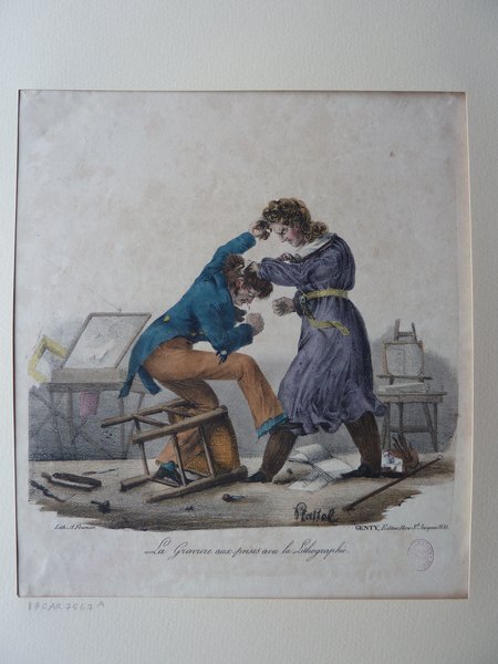 An artwork depicting two men, one with long hair, dressed in Bohemian outfits and smocks, involved in a physical altercation in a studio. Visible elements include artists' brushes, palettes, frames, books, lithographs, and a mahlstick. One man knocks over a chair, spilling items on the floor.