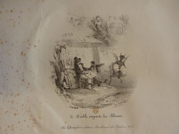 This image depicts a historical scene with various characters including children, a figure in a top hat, and a devil-like character. The setting appears to be an art dealer or bouquiniste's stall, surrounded by prints, albums, and books. A trumpet visible in the background suggests a possible connection to fame or an allegorical theme. The presence of top hats and Restoration-era fashion details the time period of the scene, around 1825, as indicated in the drawing.