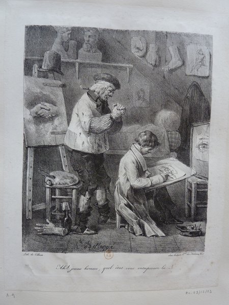 An etching depicting a studio setting with artists, paintings, palettes, and statues. One figure is drawing at a table, and another is observing. Various artist tools and a few bottles are visible. Signs and a decorative motif on the walls suggest a pedagogical environment focused on art and possibly restoration.