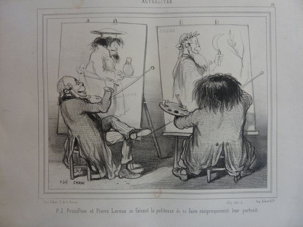 Black and white illustration of artists Pierre-Joseph Proudhon and Pierre Leroux in a studio, each painting the other. Proudhon, with mahlstick and palette, paints Leroux seated with pince-nez, while Leroux, also with a palette, depicts Proudhon. Both are surrounded by easels and paintings, emphasizing post-1848 artistic style. The scene includes facial hair, long hair on men, and a whimsical portrayal of each artist's craft.