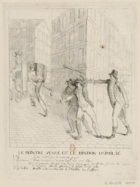 Historical illustration depicting a busy street scene with multiple individuals in bourgeois outfits, including women and men wearing hats, top hats, and wigs. The setting appears to be a consulate area. There seems to be an interaction involving some quarreling and a painter, suggested by the presence of an artist with a palette, actively engaged in the scene.