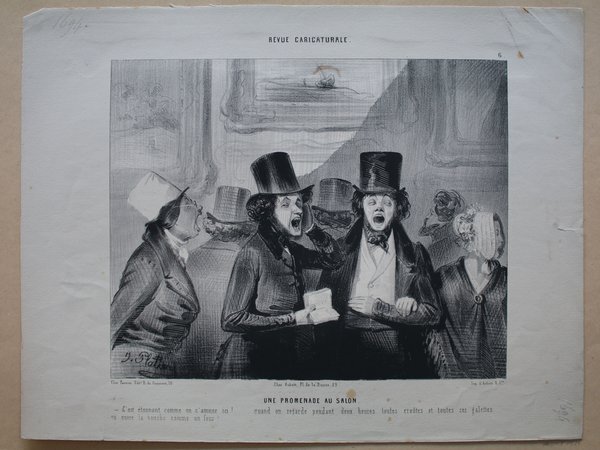 An illustration depicting a scene at an art exhibition during the July Monarchy featuring an audience in a salon. The image includes figures wearing top hats and exhibiting varying facial expressions. Some figures sport facial hair, and a woman is visible with a hat typical of the era. Paintings are partially visible in the background, set in an indoor setting likely associated with a Salon exhibition, as indicated by the Salon Livret.