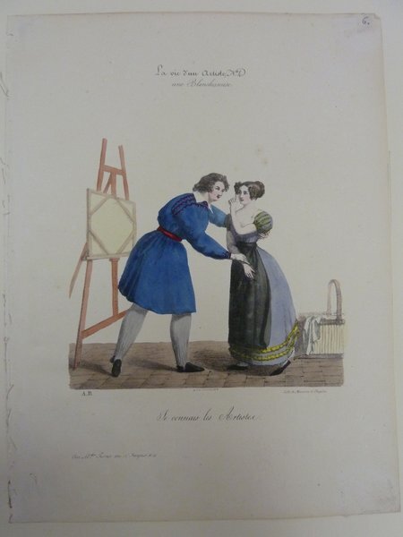 A man with long hair, wearing a blue smock leans toward a woman dressed in a gray and black dress with a yellow hem. They stand in an artist's studio near an easel and a basket, suggesting a scene related to painting or restoration.