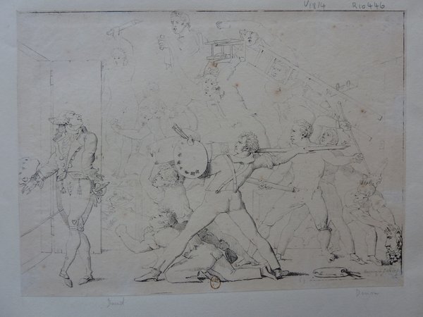 This image depicts a chaotic studio scene with multiple figures, including artists and models. Some figures wear Bohemian outfits; others are in classic painter attire including wigs and habits à la française. The setting includes ladders, mahlsticks, palettes, a pince-nez, statues, and swords. Several figures seem to be engaging in a quarrel.
