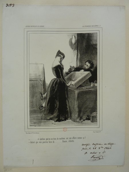 Black and white lithograph depicting a woman and a man in a studio during the July Monarchy period, one standing and examining lithographic stones and another sitting by a printmaking table. The image conveys a creative workspace surrounded by prints, paintings, and tools of printmakers.