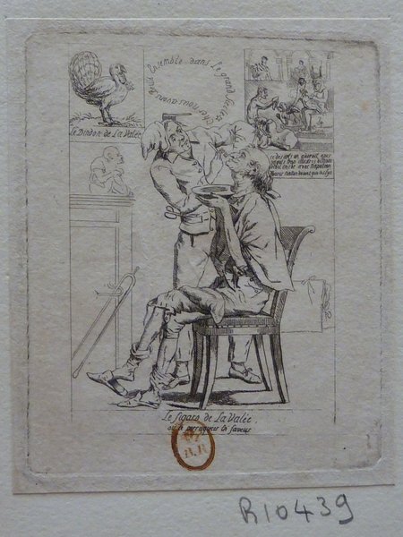 This folio print, attributed to Dominique Vivant Denon, depicts an indoor caricature scene focusing on the occupation of shaving. One man is shaving another who is seated, surrounded by various allegorical and humorous sketches, including a figure resembling a turkey. The scene is part of a series possibly related to 'Figaro', as implied by the style and setting.
