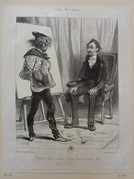 A black and white print depicting an art studio scene with two men: one with long hair and facial hair, wearing a smock, standing near an easel and a painting, and the other, a bourgeois man with facial hair, seated and posing as a portrait sitter. Both characters embody a Bohemian and bourgeoisie atmosphere from the July Monarchy era.
