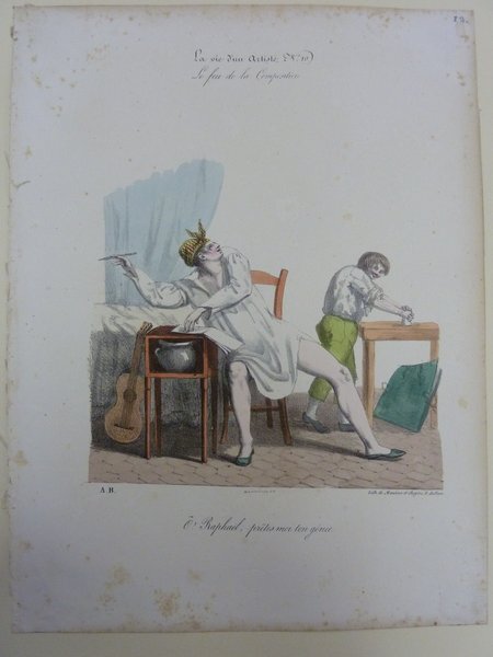 An illustration from a folio, depicting two figures in a studio like setting: one, styled whimsically with a crown-like headgear, gestures dramatically as if composing or restoring, while seated by a table with a guitar; the other individual, standing and bent over another table, seems focused on grinding paint pigments.