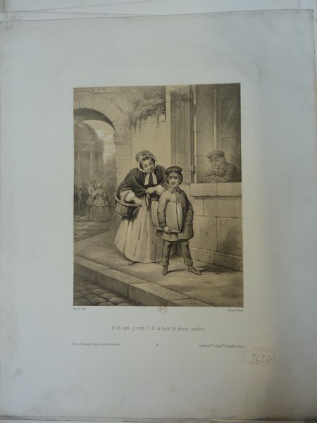 An etching depicting a woman and two children (students) interacting in a street setting post-1848. The background includes additional figures and architectural features typical of a street scene. There is a man in a window to the right, watching them.