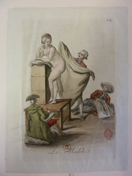 Artwork depicting a studio scene with a female model, nude and posing on a platform, assisted by a man in habits à la française with a wig. Another man in similar attire sketches her, while a woman in a green outfit and wig sits on the floor drawing. All are surrounded by drawing tools and a draped fabric.