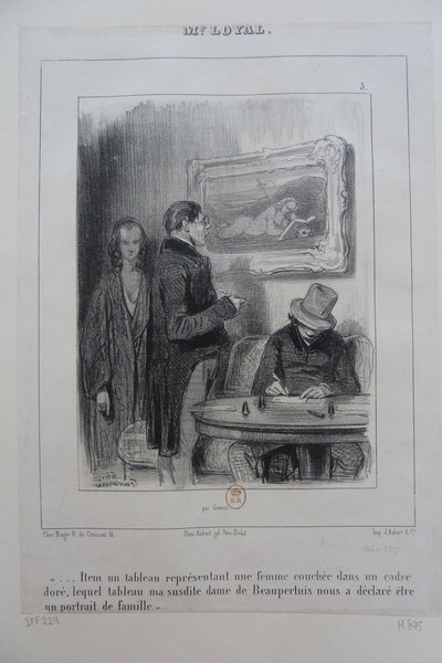 An art dealer in a pince-nez writes at a studio table while a man and a woman stand observing a painting of a reclining woman; suggesting a scene from the July Monarchy related to the art market.