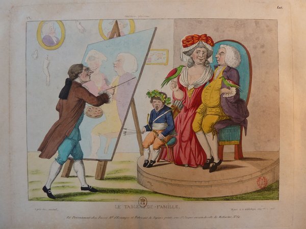 An antique illustration showing people engaged in portrait painting. A painter, with a dark coat and artists' palette, works on a portrait of two individuals depicted in a humorous, caricaturized style. The portrait subjects, a woman in a red Empire-style dress and a man in a yellow outfit, are seated with green parrots on their arms. Wigs, easels, and other artworks enrich the indoor setting, emphasizing a scene of artists and portrait sitters.