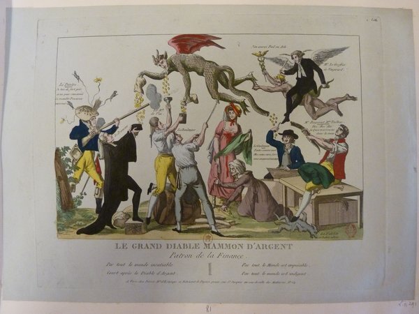 An intricate allegorical artwork featuring multiple figures outdoors including women, dogs, and mythological representations like Mercury and the Devil. Various characters such as painters with palettes and brushes engage in dynamic activities. This colorful scene mixes human and animal elements in a lively, detailed tableau under a caption in French.