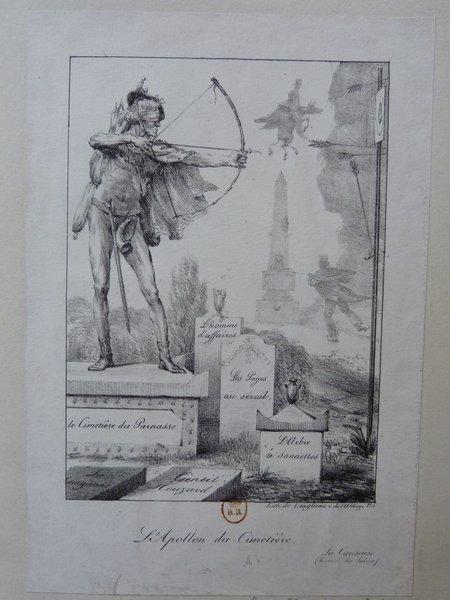 This is an illustration showing a scene outdoors, likely an allegory. It features a figure resembling Apollo, outfitted in bourgeois attire, aiming a bow. Surrounding him are various inscriptions and objects including donkeys, umbrellas, and tombstones with inscriptions. Elements suggest themes of ignorance and restoration.