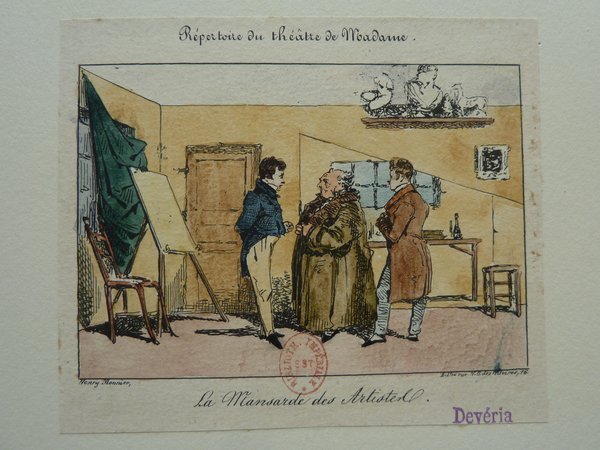A vintage print depicting an artist's studio scene. Three people, possibly painters, interact near an easel, with paintings, a draped statue, and art tools visible. Decor includes a framed painting and a shelf with sculptures. The setting suggests a moment of artistic discussion or restoration.