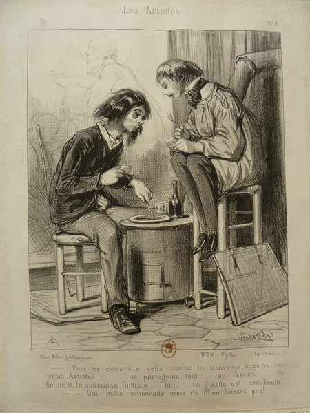 An illustration titled 'Les Artistes' featuring two men in a studio setting. The man on the left with long hair, facial hair, and a smock, appears focused on a meal, while the man on the right, also with long hair and a smock, holds a bottle. Background elements include sketches, a mahlstick, paintings, and possibly a furnace.