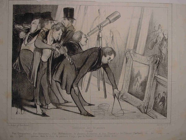 A monochrome illustration depicting an early 19th-century scene in an art exhibition. A group of men, several wearing bourgeois outfits and top hats, are intensely examining paintings. One man uses a telescope, while two others in the foreground inspect a painting closely. The setting suggests a formal judging event at an art salon during the July Monarchy era.