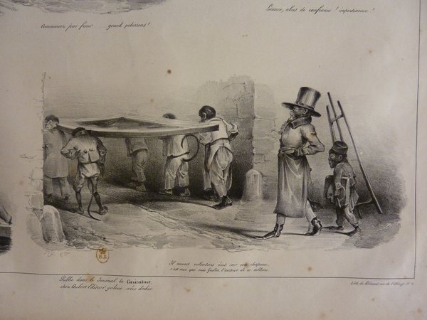 Black and white illustration featuring several figures, including monkeys and people, gathered in a street scene during the July Monarchy. One monkey wears a top hat and holds a pince-nez and a painter's palette, mimicking a human painter. Another smaller monkey and multiple human figures, including one in a top hat, are also depicted interacting and standing near easels and paintings.