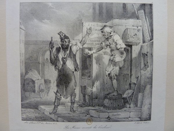 An etching of a storefront scene featuring a painter at work with a palette and mahlstick, next to signs and a bottle. Another figure holds up birds, implying a market or shop setting. Artistic tools and paintings are also visible, emphasizing themes of eating, drinking, and occupation-focused activities.