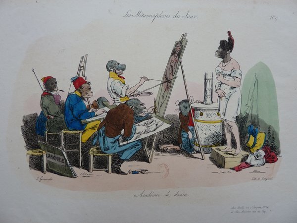 An illustration showing a group of anthropomorphic monkeys in a studio setting engaged in artistic activities. A female monkey model in a Bohemian outfit poses beside a furnace. One monkey uses a mahlstick and painter's palette at an easel, another sketches on a folio, and others assist with various tasks.