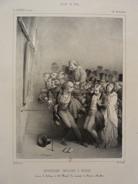 Engraving depicting a diverse audience at the Salon de 1842, with individuals in bourgeois outfits. Features include paintings, top hats, and women wearing hats indicative of the July Monarchy era. The setting is an exhibition hall, evident from the framed artworks and attention of the crowd.