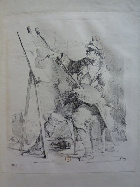 An illustration featuring an artist in an apron and pince-nez, painting at an easel with a palette and mahlstick in a studio setting. Objects seen include artists' brushes, a bottle, a dog, a painting under restoration, and signs. Also visible is a pear and a store/shop ambiance depicted.