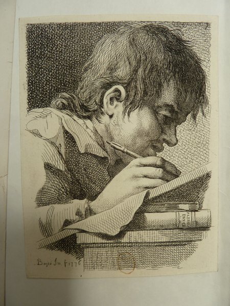 A detailed drawing from the Ancien Régime depicting a man intently examining a tool or small object. The man is shown with a thoughtful expression, leaning over a table scattered with books and writing implements, capturing a moment of study or creation.