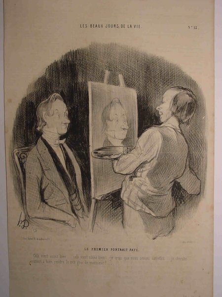 Alt text: Illustration of a scene in an artist's studio during the July Monarchy. Two 19th-century bourgeois men interacting, with one painting the other's portrait. The artist, holding a palette, works at an easel capturing the likeness of the portrait sitter, who appears amused. The scene includes painted details of bourgeois outfits.