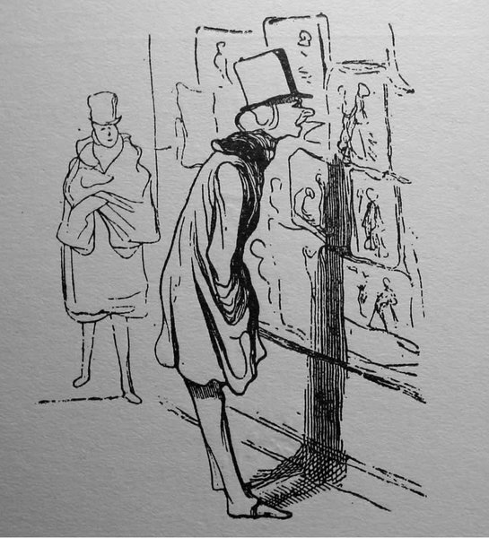 A black and white print depicting two figures at an exhibition, possibly representing the bourgeoisie or art critics of the July Monarchy era. The prominently featured figure wears a top hat and overcoat while closely examining artworks displayed on a panel. Another figure in the background also observes the artworks.