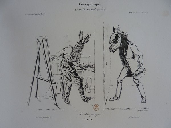 Black and white illustration depicting anthropomorphic characters in a studio setting, featuring a rabbit painter with a palette working at an easel, and a donkey looking on, holding a bottle. The image includes elements like artists' brushes, paintings, and a depiction of an artistic occupation.