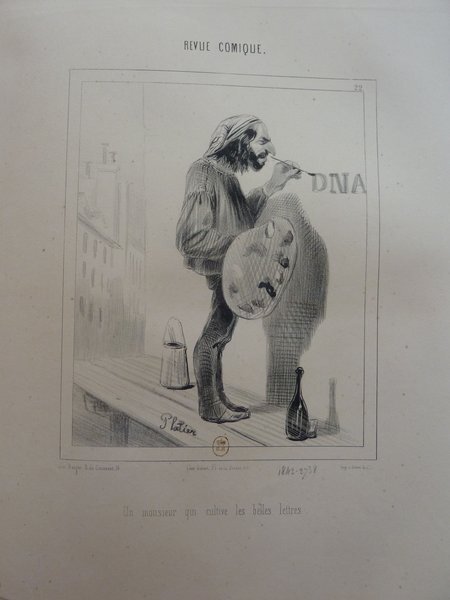 Black and white illustration of a man with long hair and facial hair from the July Monarchy era, holding a palette and a painter's brush in front of a storefront. There is also a bottle near his feet and a sign visible on the store. The text "Revue Comique" appears at the top.