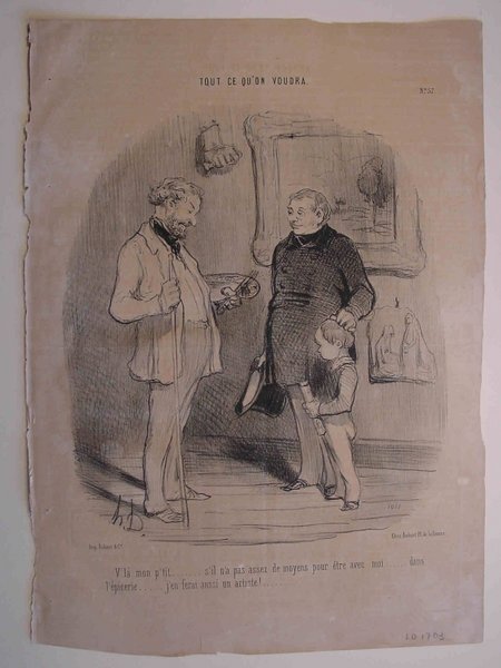 A vintage sketch showing two individuals in a studio: a teacher holding a palette with brushes and a top hat, and a child (student) in formal attire. Details include a mahlstick, a statue, and a painting in the background, emphasizing an educational art setting in the post-1848 period.