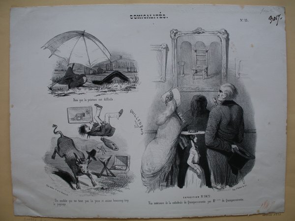 A vintage print featuring four separate sketches. Top left shows a bohemian painter under a large umbrella in a rural area, with a palette and artist's brushes nearby. Bottom left depicts an animated bull tossing items around, including an easel. Top right illustrates an audience in a salon watching paintings at an exhibition. Bottom right shows a man admiring a landscape painting in a gallery or salon setting. Each scene includes captions in French, humorously commenting on the situations.