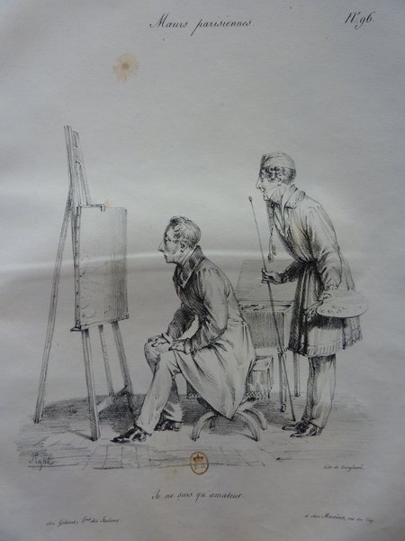 Two individuals in a studio setting, one seated in a bourgeois outfit observing an easel while the other, holding a palette and mahlstick, stands in a smock typically worn by painters. The surroundings suggest they are engaged in discussion or critique, possibly during a painting restoration or viewing.