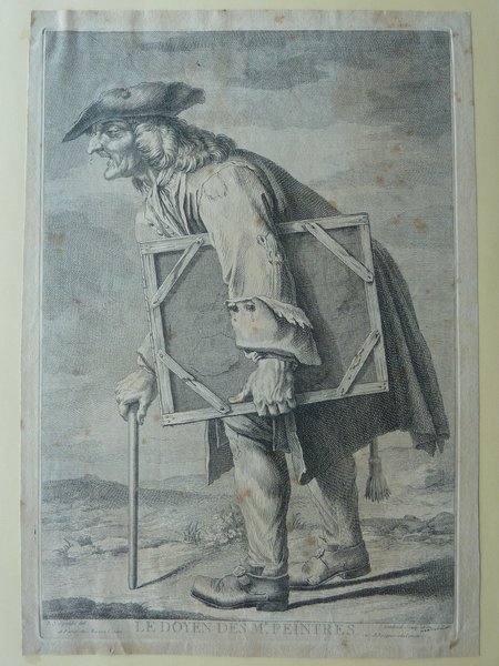 A detailed etching depicting an elderly painter from the Ancien Régime era, wearing a tricorne hat and a wig, with a worn habit à la française. He holds a cane and carries a large, empty picture frame; set against a rural backdrop. His outfit includes visible patches and a prominent tassel hanging from his coat.