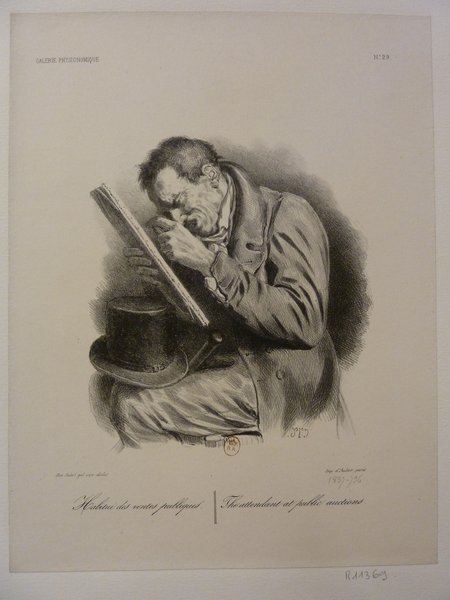A black and white illustration of a man closely examining an artwork with a loupe, wearing a top hat which is set beside him. He also has a cane leaning against his leg, suggesting a setting related to art auctions during the July Monarchy era.