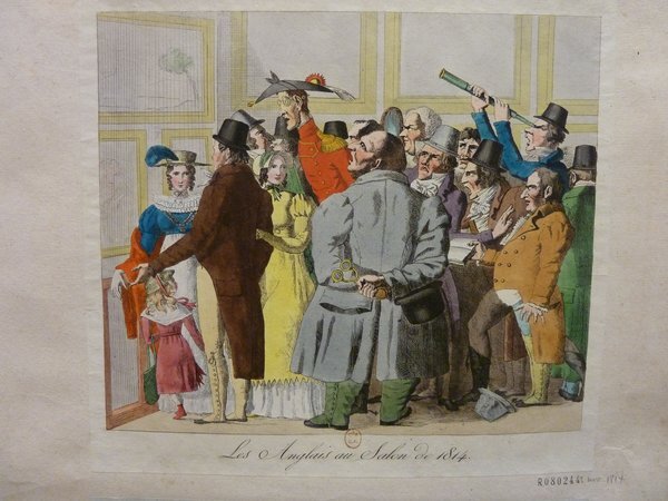 A historical print depicting a crowded scene at a salon exhibition from 1844, featuring men and women in bourgeois outfits. Some individuals are using pince-nez and others are observing paintings, highlighting a cultural gathering.