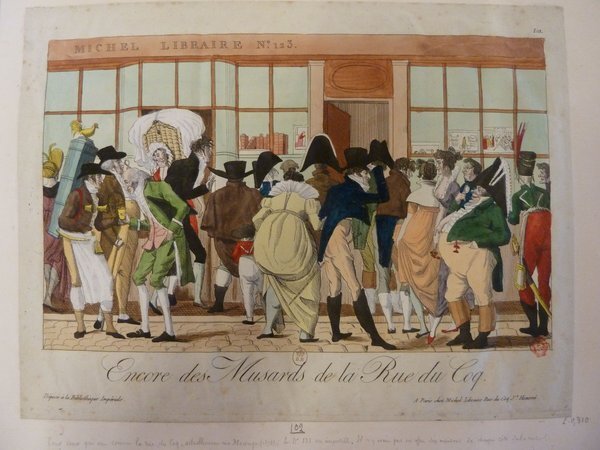 Alt text: Illustration depicting a crowded scene outside a bookshop labelled "MICHEL LIBRAIRE N°.123." Various figures, including men and women, are engrossed in conversation and interaction, many wearing bicornes, top hats, and Empire-style attire. A window displays books and other items in the background.