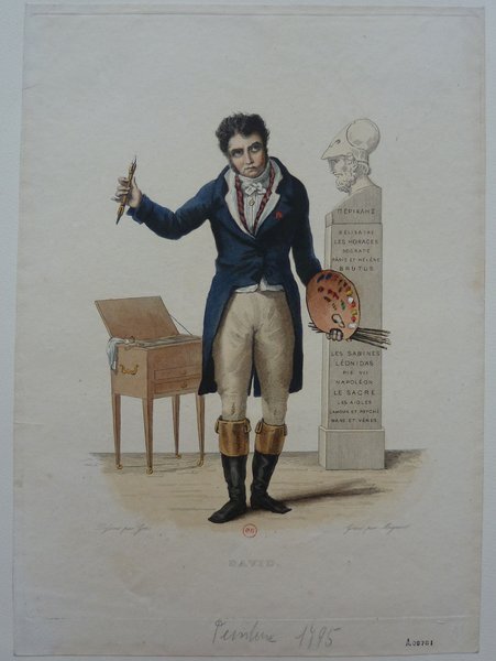 A vintage print depicting an artist, possibly Jacques-Louis David, holding a palette and a paintbrush. Beside him stands a classical column with inscriptions and a sculpture of a helmeted head, hinting at Greco-Roman influences. Items such as an artist's easel and a draped cloth are also visible, contributing to the setting suggestive of an artist's studio during the Consulate period.