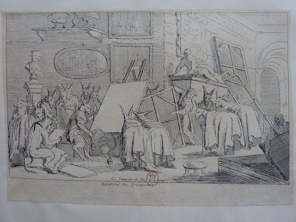 A monochrome illustration depicting anthropomorphic donkeys dressed in garments, using canes, and viewing artworks with loupes inside an indoor gallery. A statue and several paintings are also visible along with easels, while framed artworks are erratically piled against a wall.