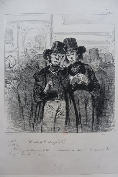Black and white sketch of two men at an exhibition, both wearing top hats and formal attire, engaged in conversation while surrounded by other attendees in hats. Women and long-haired men can be seen in the background, amidst paintings displayed in a salon setting during the July Monarchy era.