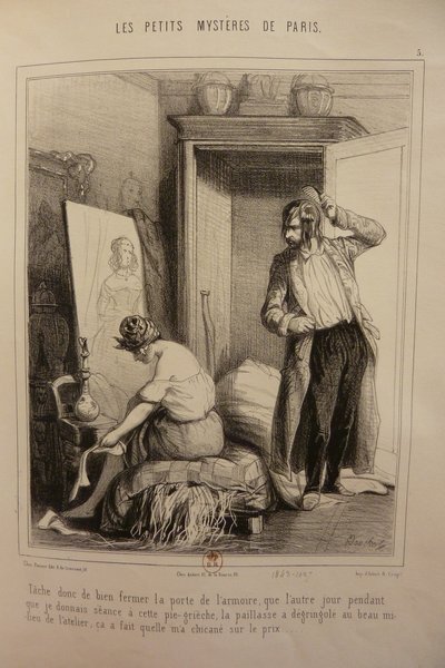 Black and white illustration showing a scene in an artist's studio during the July Monarchy period. A bohemian painter with long hair, wearing a smock, is adjusting his hair. A female model sits dressed in a simple outfit. The studio is cluttered with various artistic tools and props.
