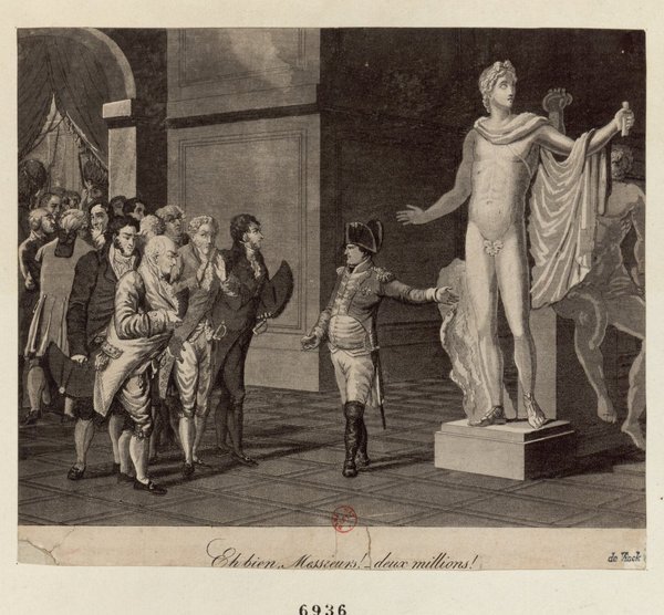 A historical print depicting a museum scene with multiple figures, including one in a military uniform resembling Napoleon Bonaparte. They are observing a Greco-Roman statue and art pieces. Some attendees wear habits à la française and bicornes, suggesting a setting during the Consulate period. Elements of antiquity and art collection are evident.