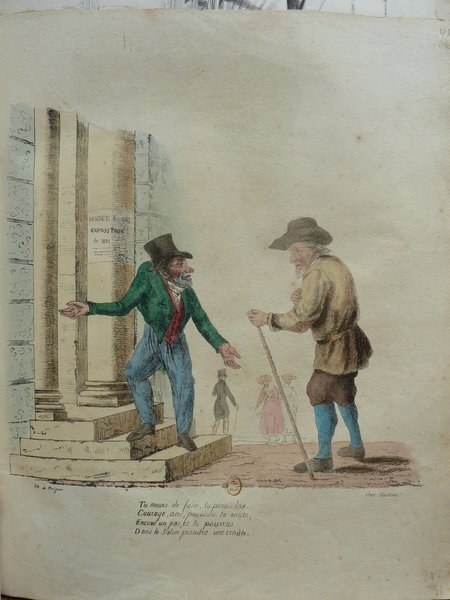 Two characters wearing top hats, one with a cane, depicted on a street near a building labeled as a museum exhibition. The setting suggests the period of the July Monarchy, aligning with the attire and accessories typical of that era. Background shows other figures, possibly representing various occupations or social scenes.